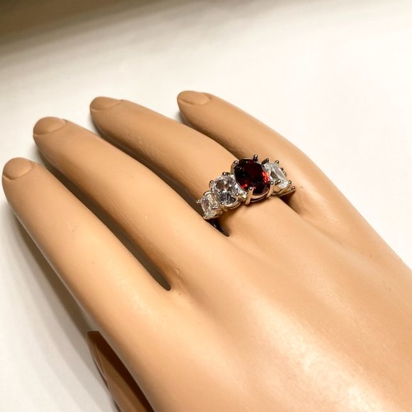 Silver Ruby Red Cubic Zirconia Anniversary Ring Size 7 Plated Simulated - Picture 3 of 8